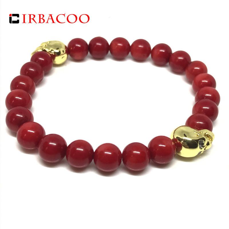 

IRBACOO 2020 Cool Men's Bracelet Red Coral Stone With Couple Skull Clear CZ Eyes Charm Bracelet For Men Jewelry Gift