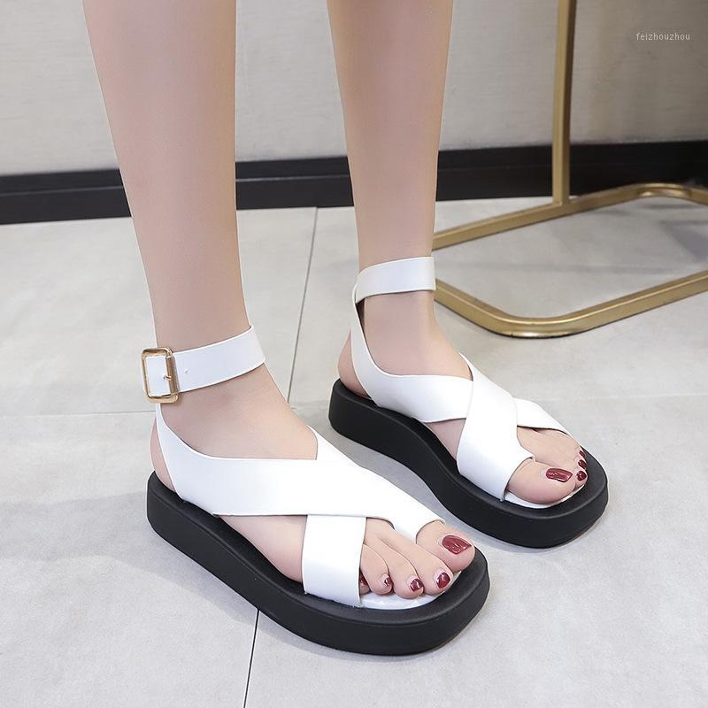 

White Leather Low Heel Sandals for Women Casual Clip-toe Cross Strap Sandalias Woman Summer 2020 Mix Color Platform Shoes sd4561