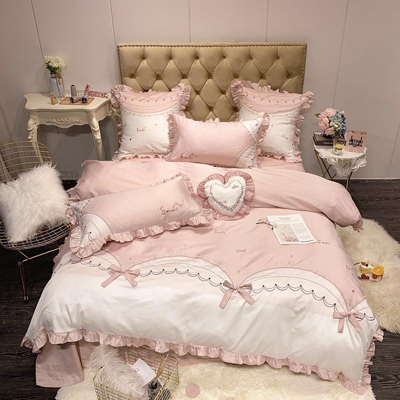 

37 bow Bedding Set Queen Size embroidery Bedding Sheet egyptian cotton Bed Linen ropa de cama King Bed Set Duvet Cover 4/7pcs