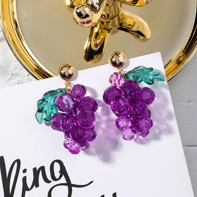

Luxury Sweet Cute Green Leaf Purple Beads Grape Austrian Crystal Fruit Drop Wedding Earrings for Women Brides Party Jewelry