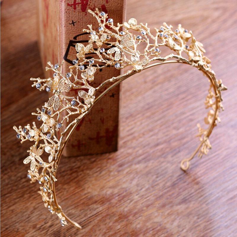

Gold Color Crystal Crowns Bride Tiara Fashion Queen For Wedding Crown Headpiece Branches Dragonflies Wedding Hair Jewelry