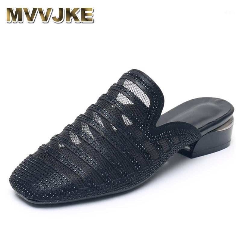 

MVVJKE2020 summer women slippers no toes square heel lady sandals fashion mesh rhinestone female lazy slippers big size 35-431, Black
