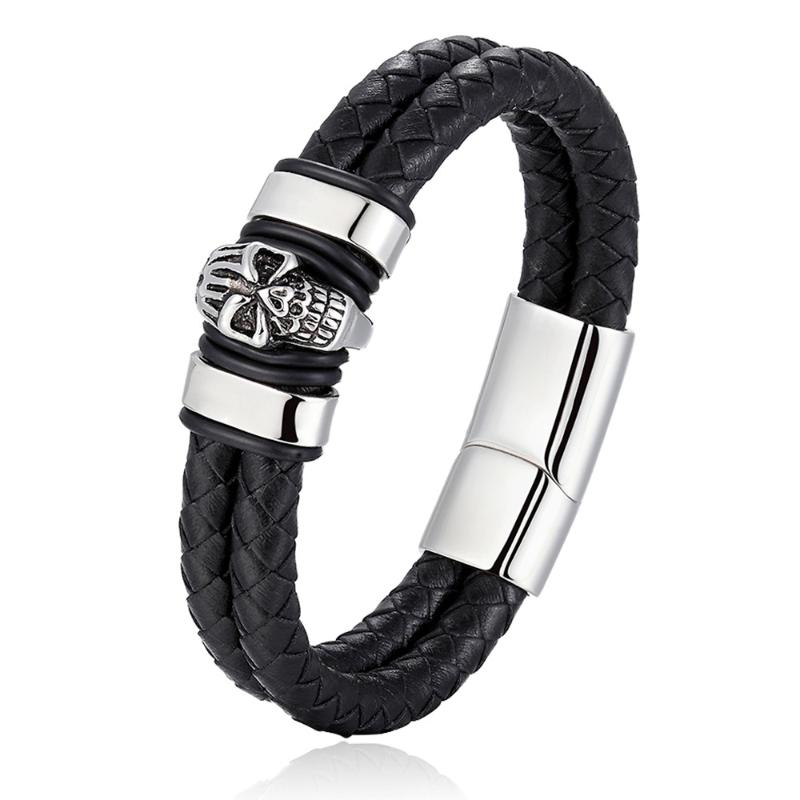 

Stainless Steel Men's Leather Bracelet The punk Classic skull Charm Bangles Multi Layer Design For Men Jewelry Gift Wholesale