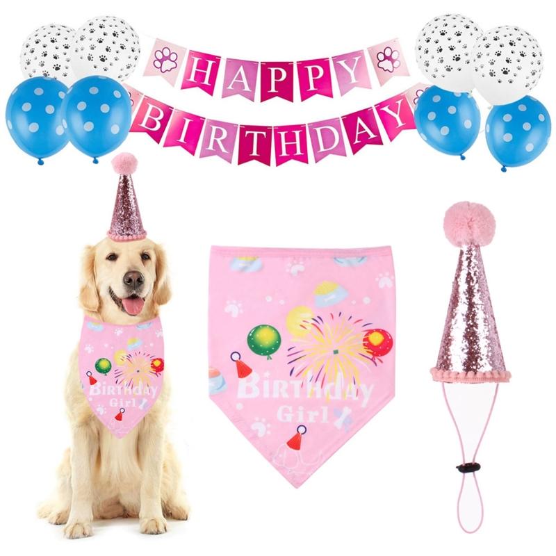 

Dog Birthday Bandana Birthday Costume Hat Scarf Flag Banner Balloon Set Puppy Cute Scarf Doggie Party Supply Decoration, Blue