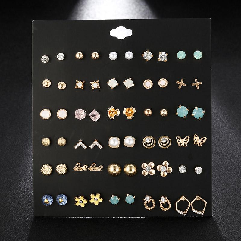 

30 Pairs/set Fashion Female Crystal Rhinestone Geometric Stud Earrings For Women Trendy Gold Enamel Flower Earring Set Girl Gift