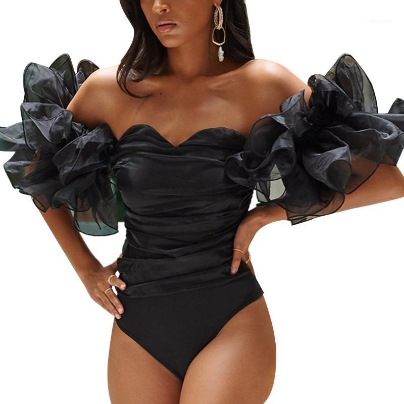 

solid off the shoulder ruffle sleeve women bodysuit romper jumpsuit1, As pic