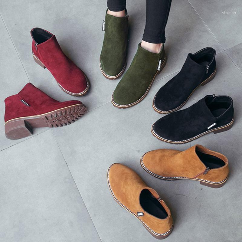 

2020 Women Boots 3.5cm High Heels Platform Quality Boots Flats Low Heels Short Ankle Booties Green Red Casual Autumn Warm Shoes1, Brown