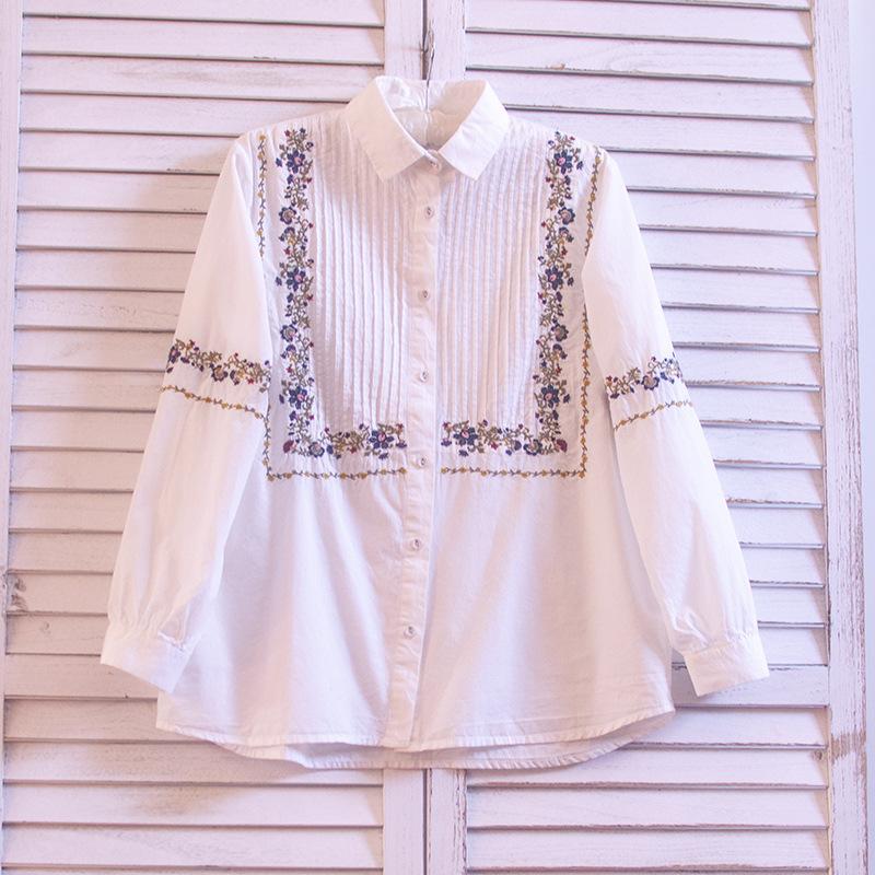 

Embroidered shirt women 2021 autumn new sweet organ crumpled floral cotton and linen long-sleeved blouse female outer tower, Blue