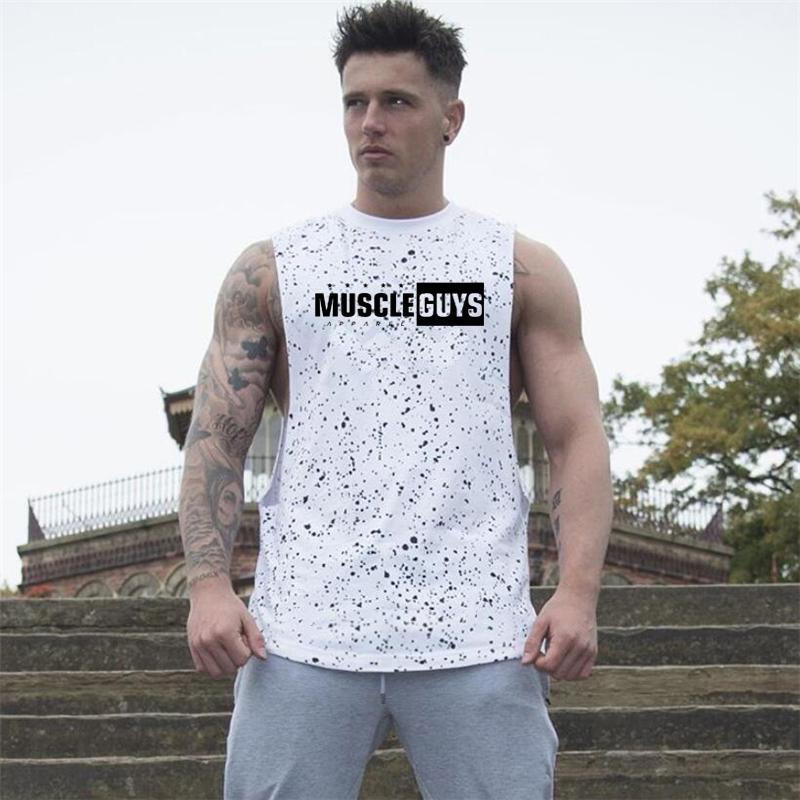

Mens Sleeveless Basic Tank Tops Sports Gym Big Sleevess Hole Oversized Black/White Oneck Cotton Letters Printed Graphic Vest1