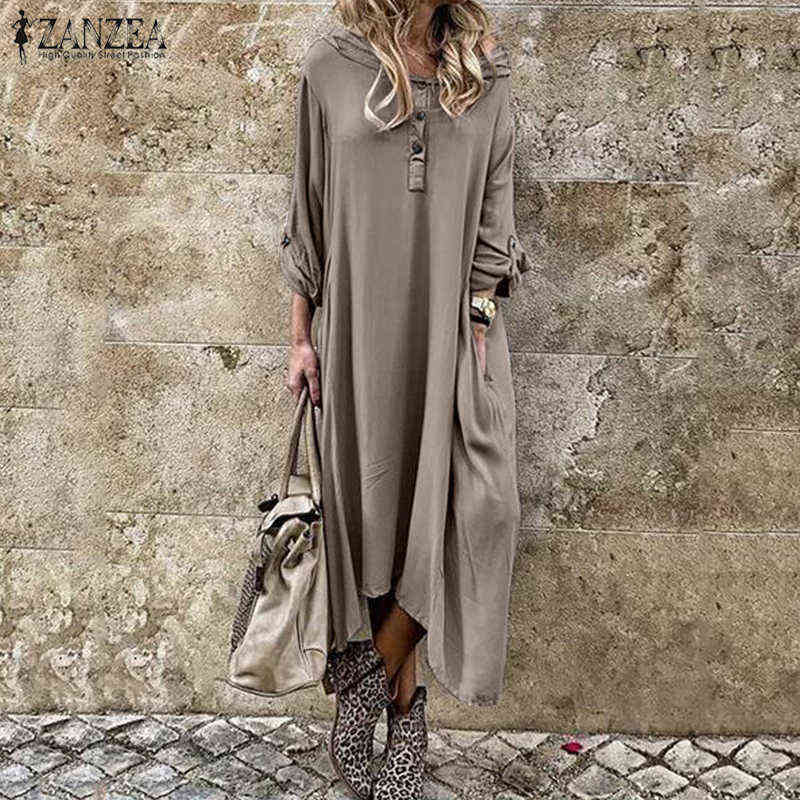 

Women's Autumn Hooded Sundress 2021 ZANZEA Kaftan Solid Shirt Dress Casual Midi Vestidos Female Button Solid Robe Oversized G1223, Army green