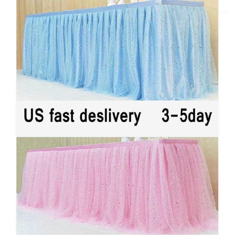 

Tulle Sequins Tutu Table Skirt Tableware Baby Shower Birthday Wedding Party Decor Three Layer Ice Silk Fabric Blue and Pink1