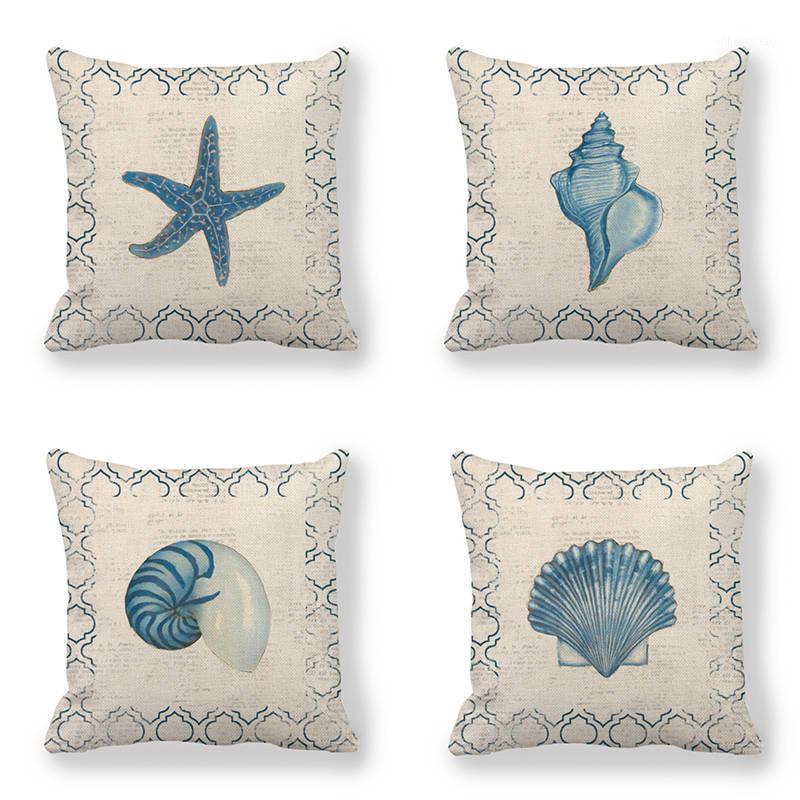 

Cotton linen cushion cover ocean marine home decoration pillowcase shell sofa cushion cover blue marine life 45x45 Pillow Case1