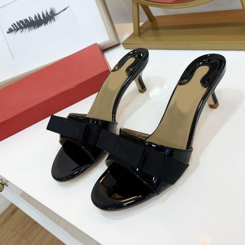 

designer womens slippers 100% cowhide leather fashion bow Thin heels Slides woman shoe beach Lazy Sandals sexy Metal heel High heeled shoes Large size 35-41-42 With box, Green
