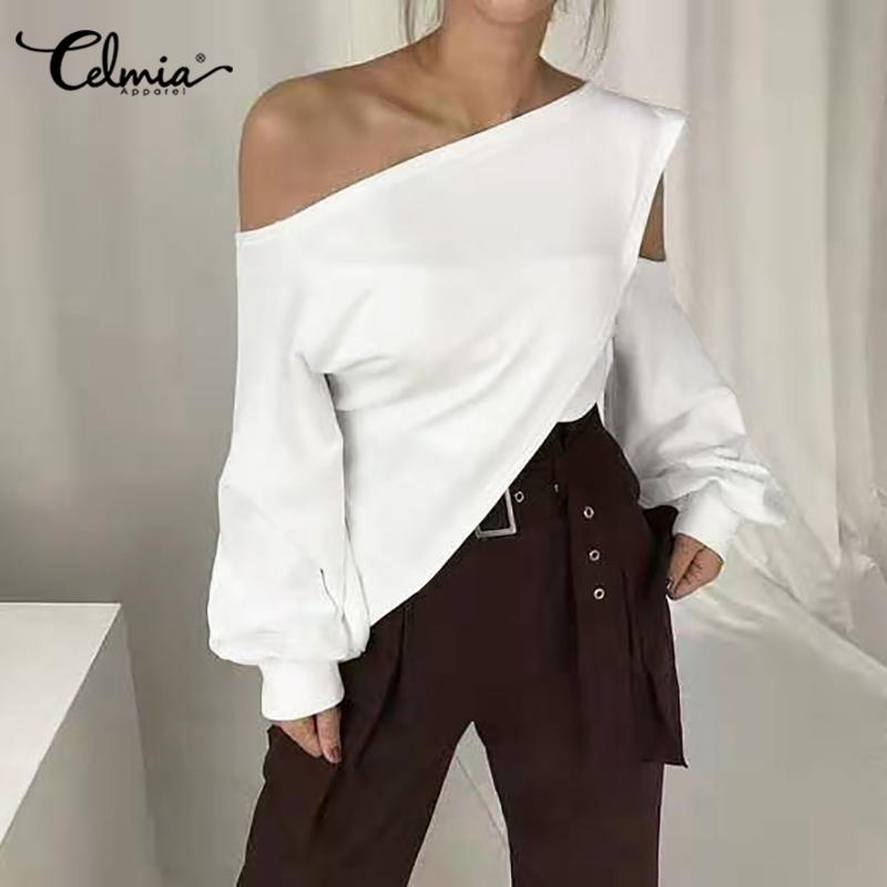 

S-5XL Celmia Women Summer Blouses Plus Size Ladies Solid Cold Shoulder Tunic Tops Elegant Long Sleeve Shirt Casual Blusas Mujer, White