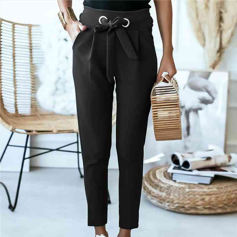 

fashion womens trousers solid color stripe flouncing pants high waist slim cropped trousers ladies trendy lace-up slacks, Black;white