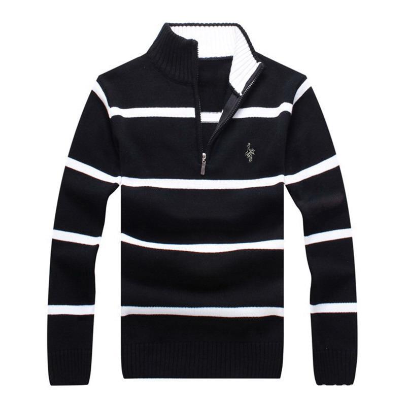 

New Arrival Casual Knitted Wear Men Brand Digital Peacock Logo Sweater Stand Collar Half Zipper Striped Pullovers Warm Sweater, Black