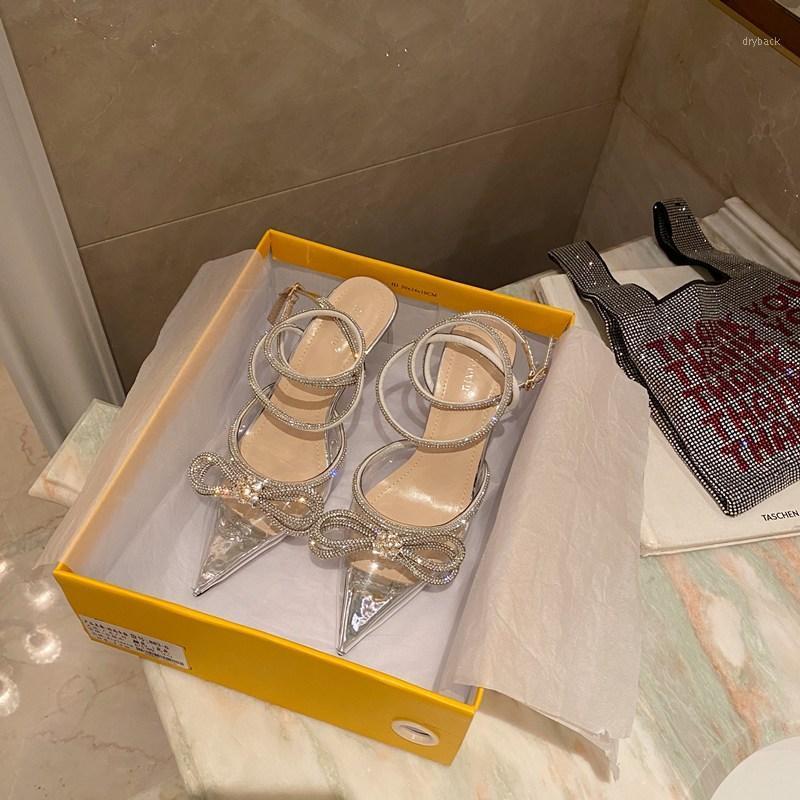 

Fashion Women Transparent Sandals Pointed Toe PVC Elegant Pumps Thin High Heels Rhinestone Ankle Strap Buckle Closed Dress Shoes1, Silver