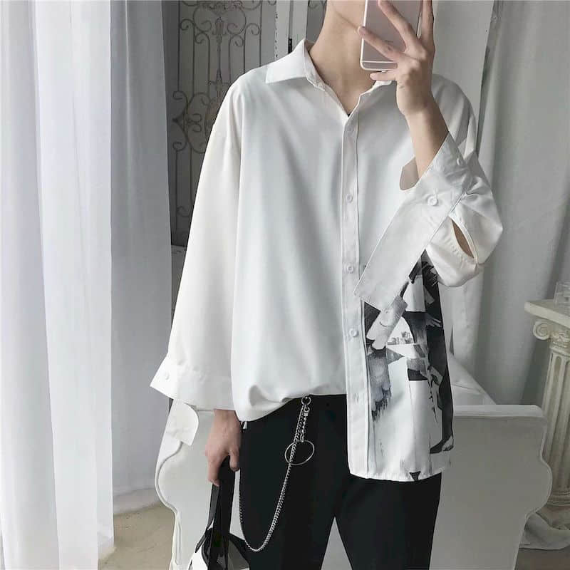 

2021 New Shirt Men Blouses Couple Style Scheming Design Three-quarter Sleeves Printed Shirts Korean Trendy Handsome Loose-fitting 2x9v, White
