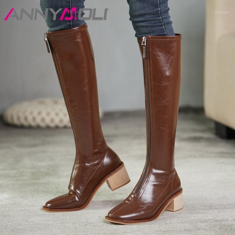 

ANNYMOLI Women Knee High Boots Shoes Round Toe High Heel Long Boots Chunky Heels Zipper Female Autumn Winter Beige 33-401, Black synthetic lin