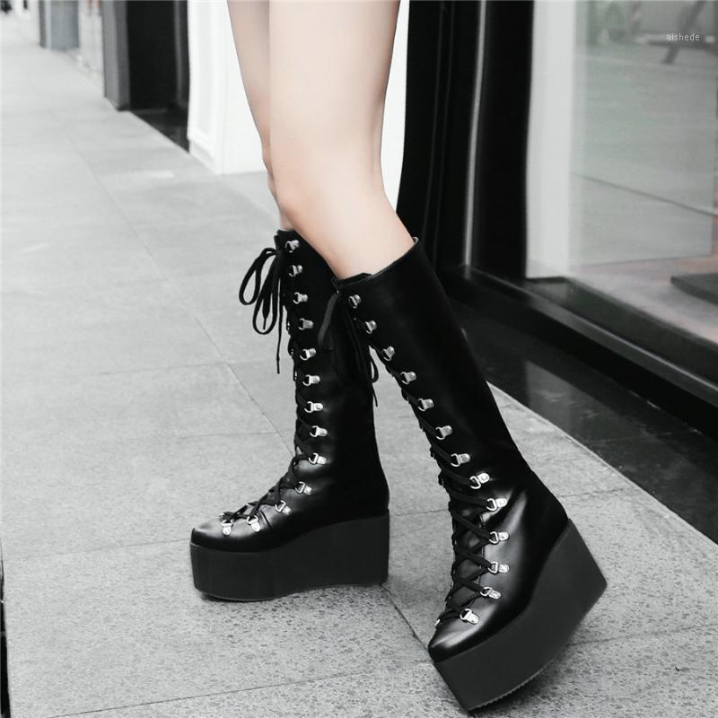 

Thigh High Fashion Sneakers Women Lace Up Straps Wedges High Heel Mid Calf Riding Boots Female Round Toe Platform Pumps1, Black