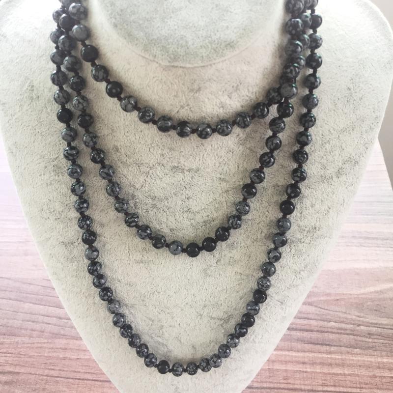 

Long Necklaces Nature Stone 8MM Snowflake Necklace Hand Knotted Necklace Yoga Mala Beads Endless Infinity Beaded