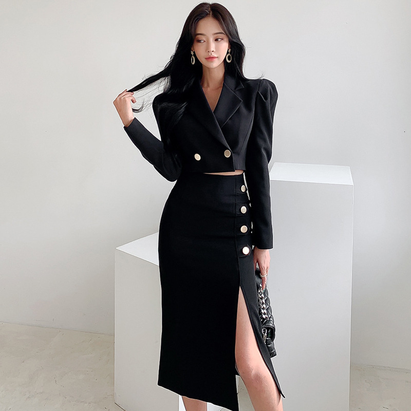 

2021 New Elegant Women's Solid Matching Sets Blazers Engraved Collar Involving Split in Pencil Medium Skirt Long 2 Joint Parts OATI, Black