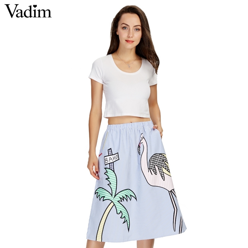 

Women sweet coconut tree print striped skirts faldas mujer elastic waist pockets ladies fashion streetwear mid-calf skirt BSQ552 Y200326, As picture