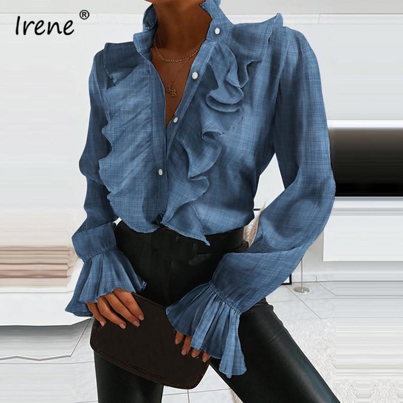 

Irene Flare Sleeve Ruffle Women Blouse Sexy V Neck Autumn Long Sleeve Tops Blouse White Office Party Women Shirts, Blue
