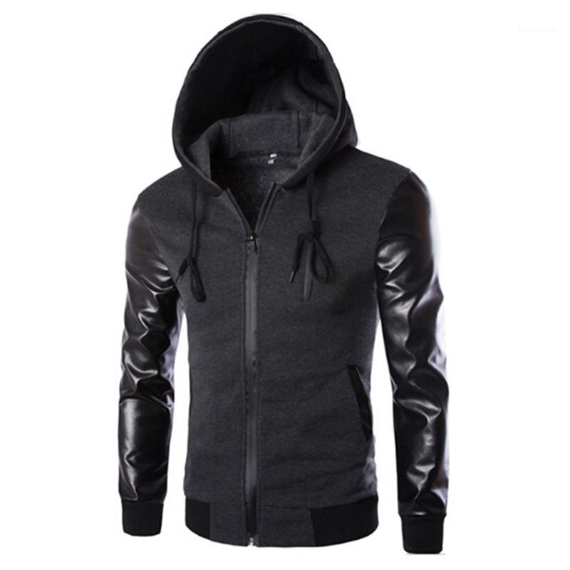 

Spring Sport Jacket Men Hooded Running Jacket And Coat PU Leather Sleeve Slim Outerwear Coat Men Zipper Sportswear1, Dark grey