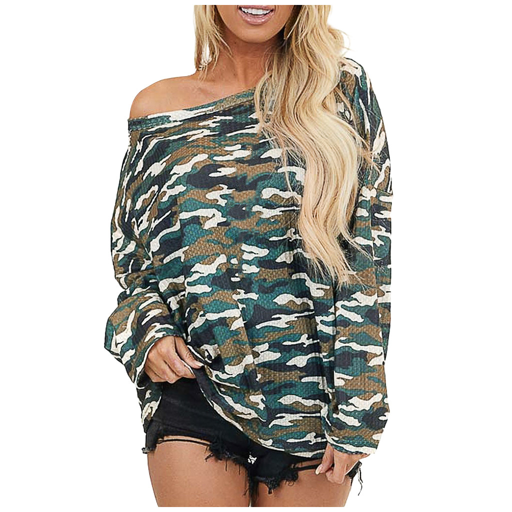

Camouflage Sweatshirts Fashion Women V-neck Printing Long Sleeves Pullover Blouses Tops Feminino, Pinkmulticolor