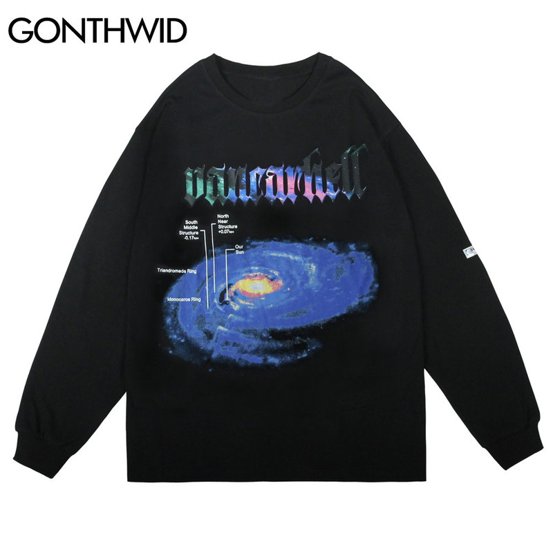 

Tees Shirts Streetwear Hip Hop Universe Print Long Sleeve Cotton Tshirts Mens Fashion Harajuku Casual Loose Shirt Tops, White