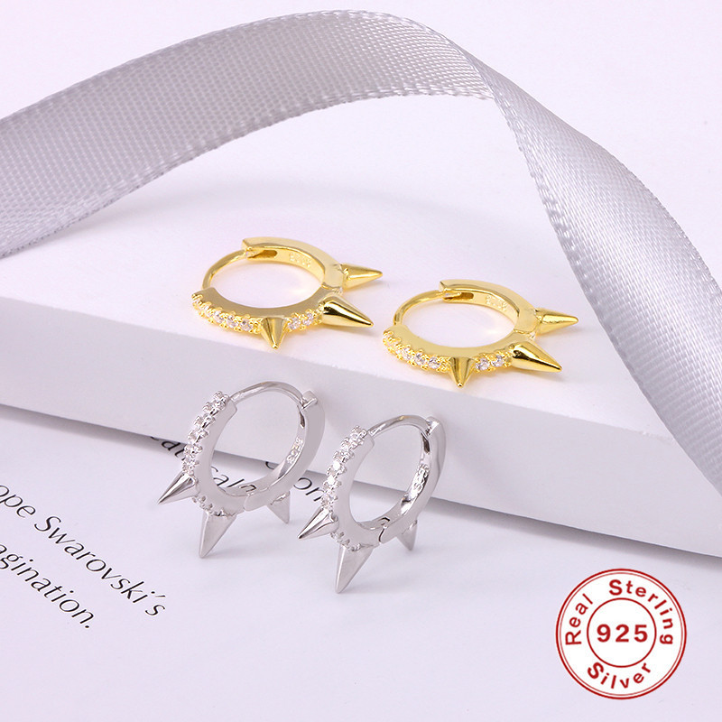 

Februaryfrost Brand 100% 925 Sterling Silver Punk Rivet Small Open Hoop Earrings Cubic Zirconia Spike Earrings for Women Fashion Jewelry Gif