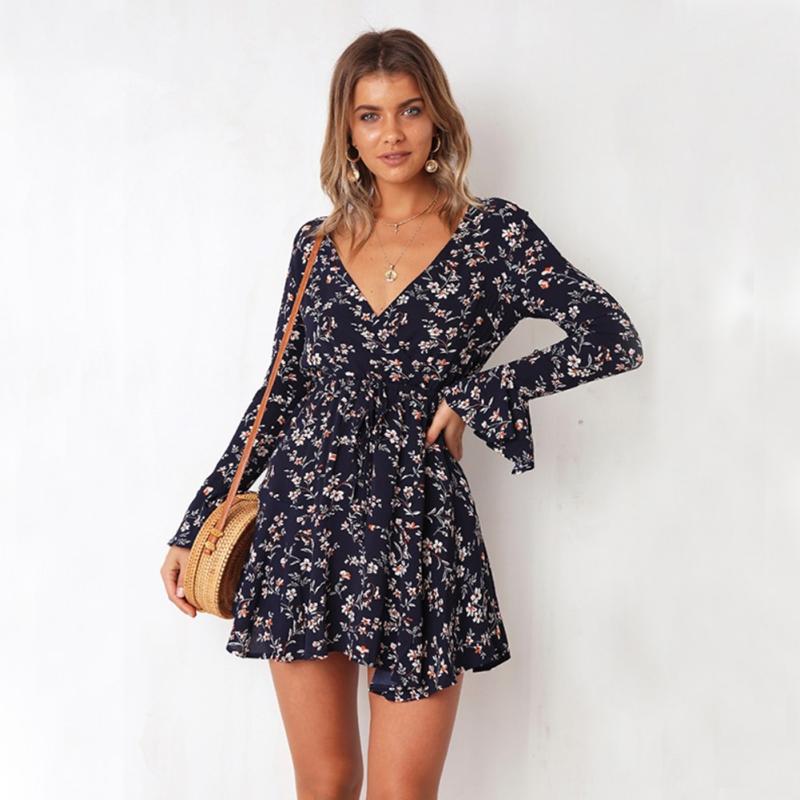 

Summer Women Print Flower Short Mini Dress Loose Long Sleeve Ruffles Evening Party Sexy V Neck Sundress Beach Dresses, Red
