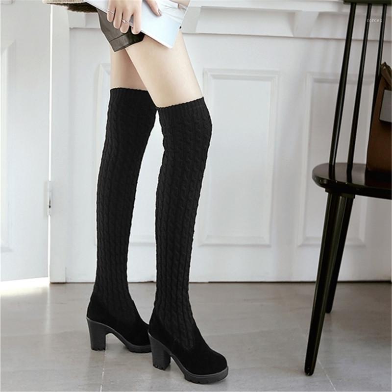 

Women Sexy Thigh High Boots High Heels Fashion Knitted Sock Over The Knee Boots Elegant Winter Warm 2020 New Black Brown Botas1