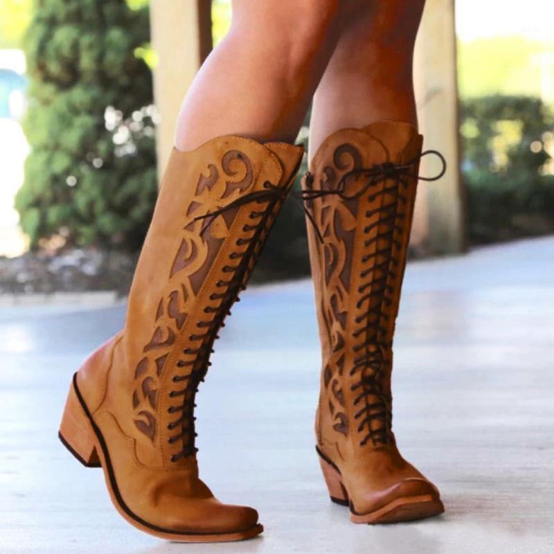 

Retro Women Boots leather Lace-Up Square high Heel Solid Color Middle Tube knight Fashion Boots Round Toe Women Shoes 35-43 20211, Brown