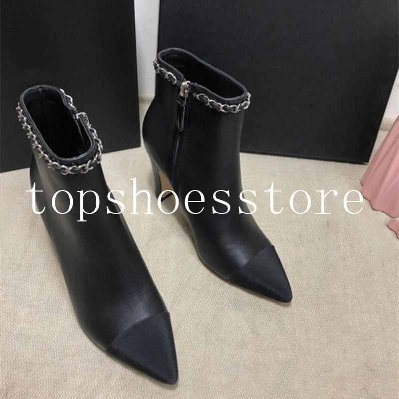 

Women Boots 2020 Brand Designer Women's Leather Shoes Metal Chain Design Classic Fashion Elegant Zipper High Heel Lady Boot, Black