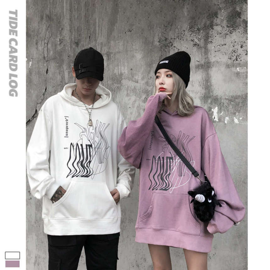 

Autumn and winter new brand fashion printing hooded loose long sleeve coat top high street sweater backing, Black