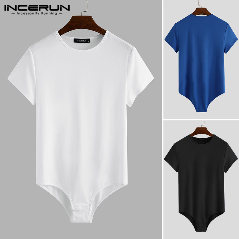 

Men T Shirt Bodysuit Solid Color Sexy Short Sleeve O Neck Tee Tops Casual Men Rompers T-shirts Breathable Underwear 2020, Black