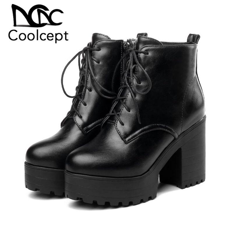 

CoolCept Women High Heels Ankle Boots Brand Fashion Zipper Casual Platform Shoes For Women Cross Strap Short Boots Size 33-44, Beige with velvet