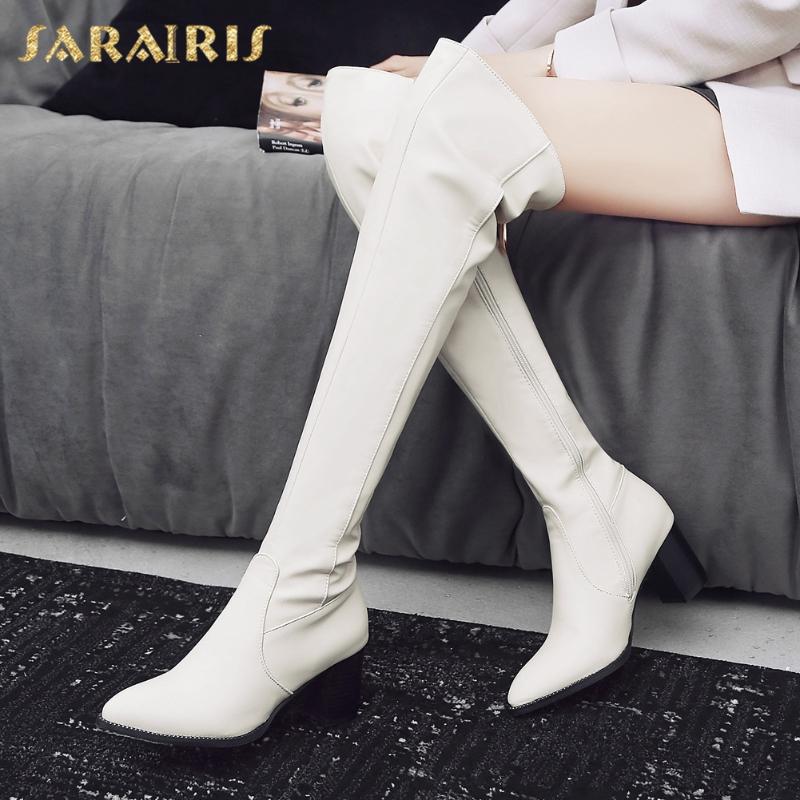 

2021 Sarairis New Arrivals Concise Pointed Toe Over The Knee High Boots Woman Shoes Metal Decoration Round Heels Zipper Shoes, Beige
