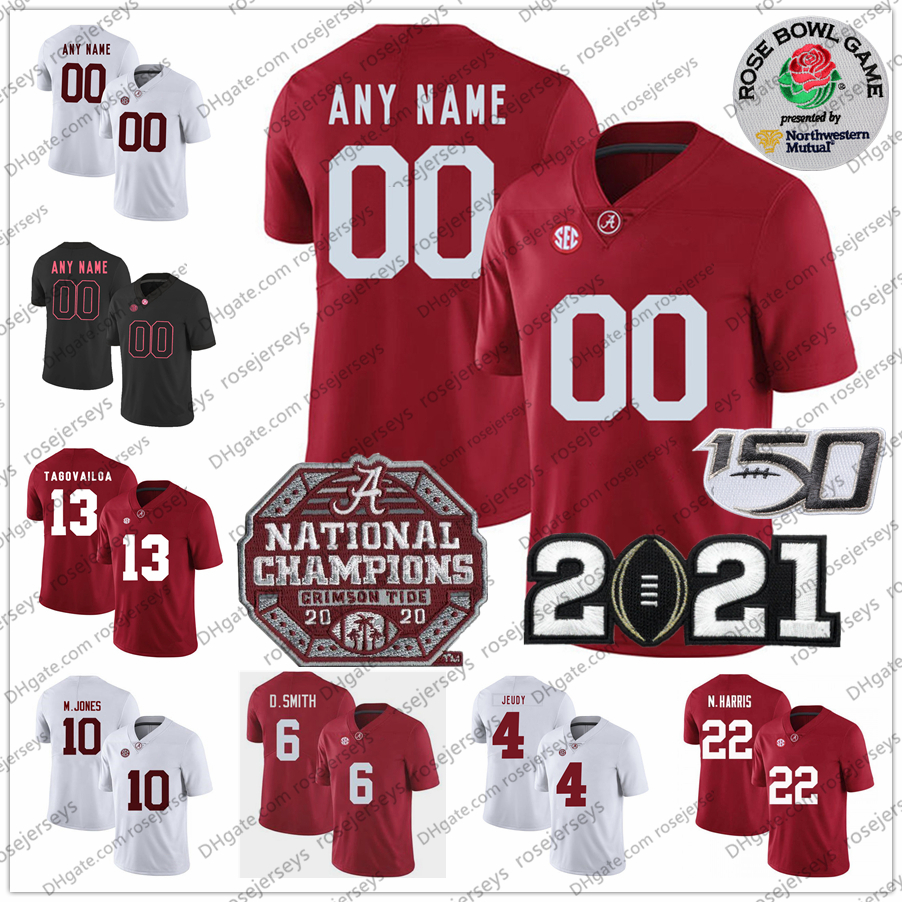 

Custom 2021 Alabama Crimson Tide 6 DeVonta Smith 10 Mac Jones 22 Najee Harris TAGOVAILOA 4 Brian Robinson Jr. Championship Rose Bowl Jersey, White with 2020 champions patch