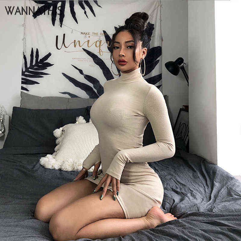 

WannaThis Turtleneck Long Sleeve Skinny Mini Dress Women Autumn New Cotton Solid Elastic Dresses 4 Color Bodycon Casual Orange G1223, Apricot
