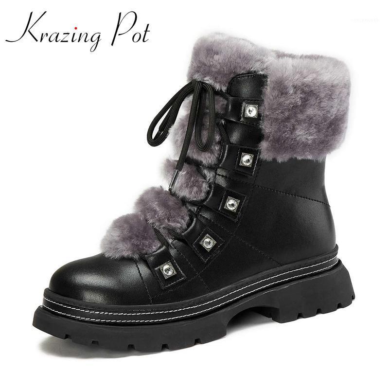

Krazing Pot winter hot sale snow boots round toe med heel fur rhinestone cross-tied shoes women leisure ankle boots L191, Black