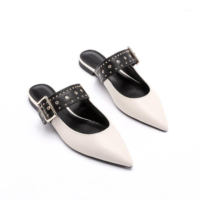 

designer rivets buckle slippers women pointed toe denim blue flip flops flat heel lazy shoes woman slides zapatos mujer1771, Black