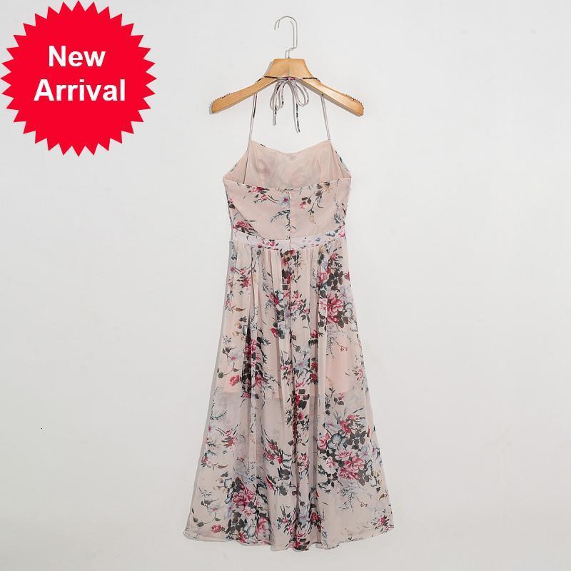 

Runway 2021 New Sexy Designer Boho Pink Chiffon Dressed in High Waist Female Summer Hanging Neck Print Dress Long Party Clothes GU4Q, Blue