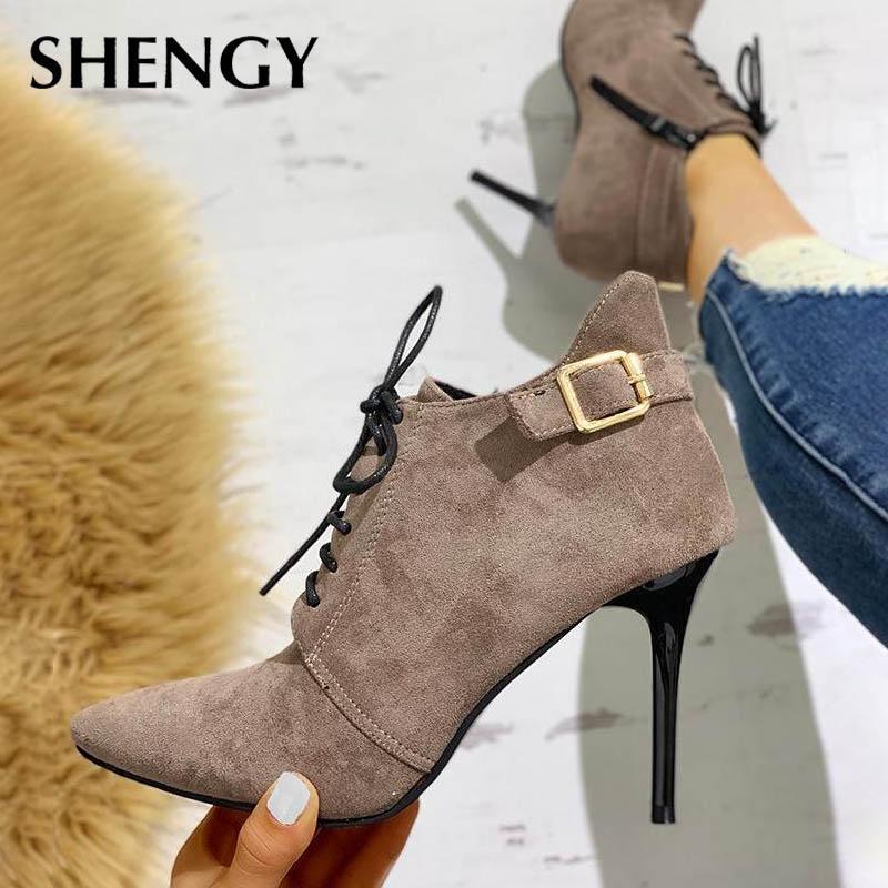 

2020 Fur Boots Autumn Winter Women High Heel Snow Shoes Dropshipping Elegant Party Pointed Toe Lace Up Female Ankle Boots1, Black