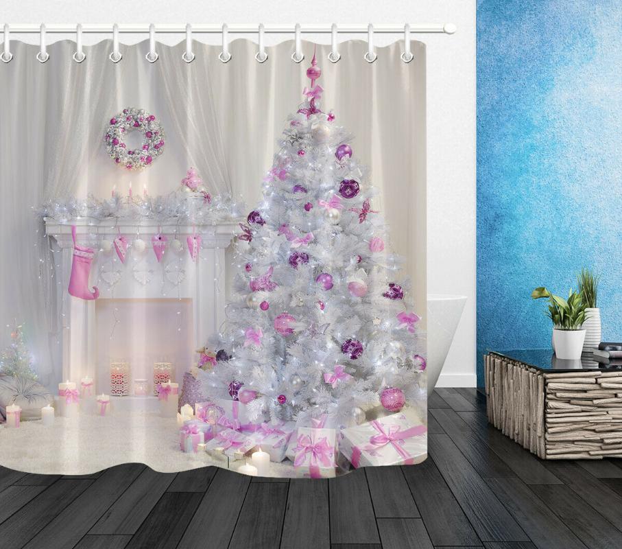 

Pink Christmas Tree Room Decor Shower Curtain Hooks Waterproof Polyester
