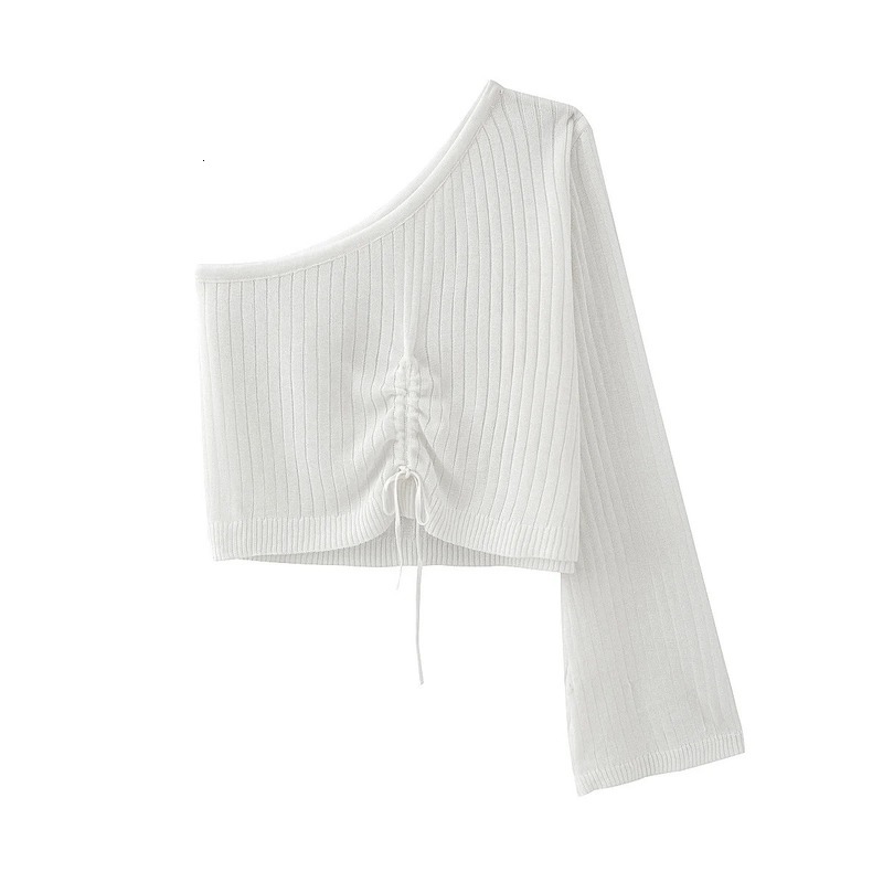 

2021 New Mod mesh spring and autumn thin single shoulder slant collar draw trumpet string Female top sleeve Z0AS, Gray.