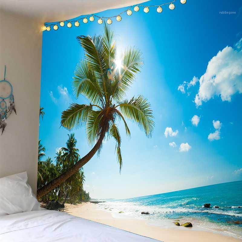 

Coconut tree on the beach Polyester Wall Tapestry wall hanging Bedspread Beach Towel Backdrop Home Room Art Dropship1