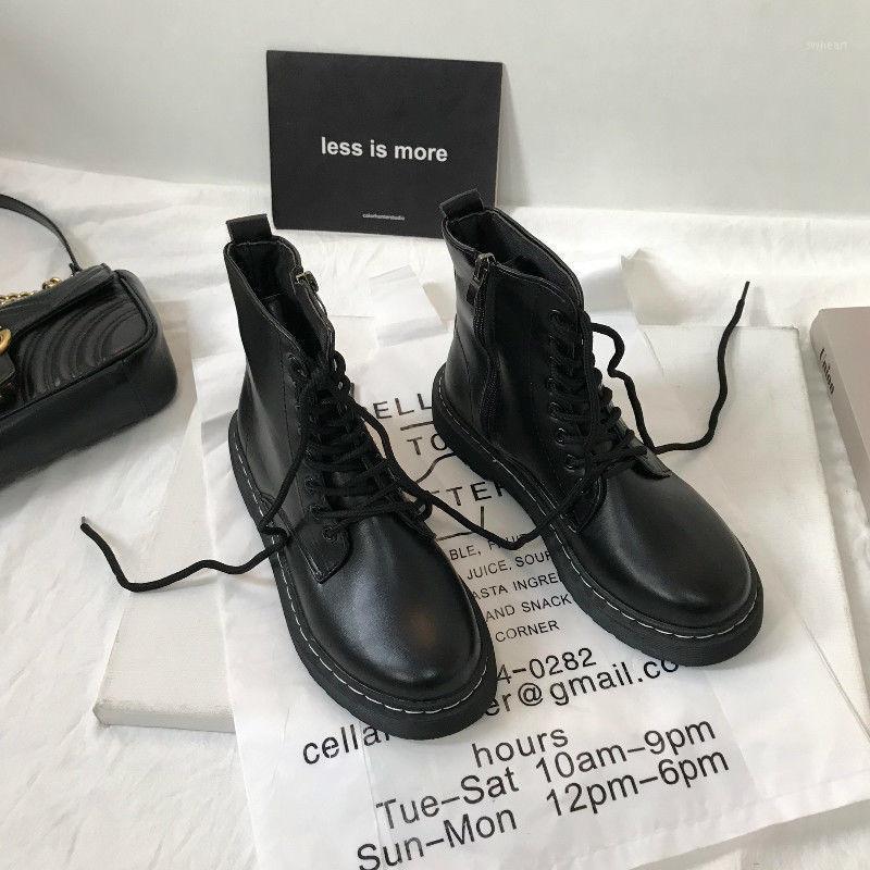 

Harajuku Black Leather Motorcycle Boots Women Autumn Platform Lace Up Combat Boots Fashion Gothic Shoes New Classics Ankle Botas1